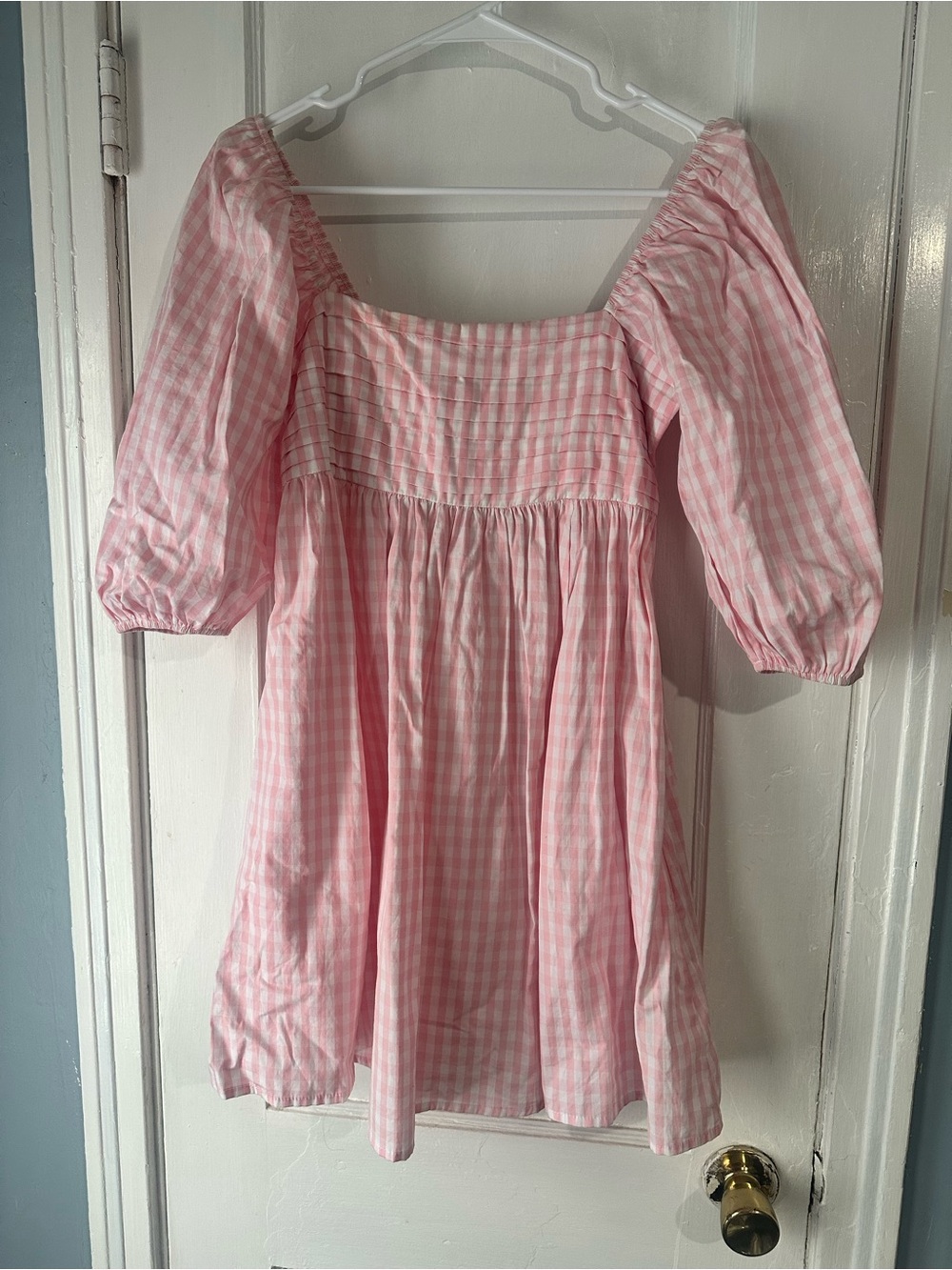 Pink Gingham Puff-Sleeve Dress
